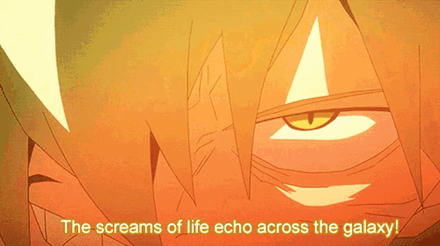 a close up of a person 's face with the words " the screams of life echo across the galaxy " on the bottom