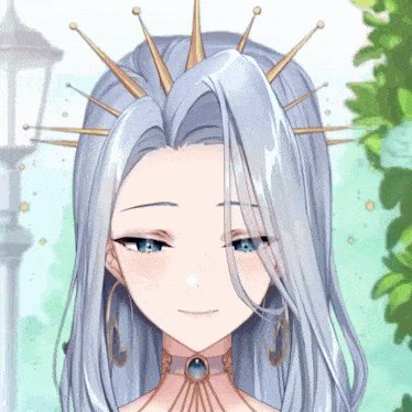 a girl with long white hair and a crown on her head is smiling