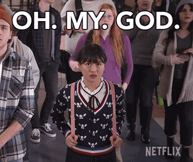 a group of people standing in front of a sign that says oh my god netflix