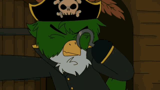 a cartoon of a bird wearing a pirate hat with a skull on it