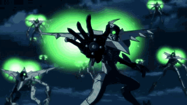 a cartoon character is surrounded by a bunch of robots with green eyes
