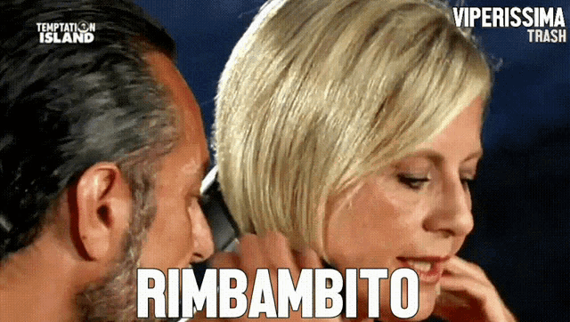 a man and a woman are looking at each other with the words rimbamboto above them