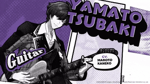 yamato tsubaki is playing a guitar with a purple background