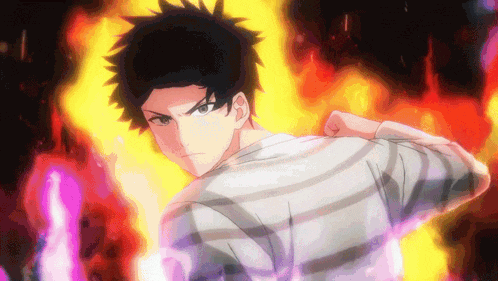 a man in a striped shirt is surrounded by flames