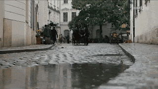 a horse drawn carriage is driving down a cobblestone street with a puddle of water on the sidewalk