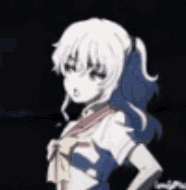 a girl with white hair and blue hair is standing in a dark room with her hands on her hips .