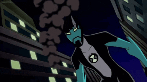 a cartoon character with a blue x on his chest is standing in front of a building