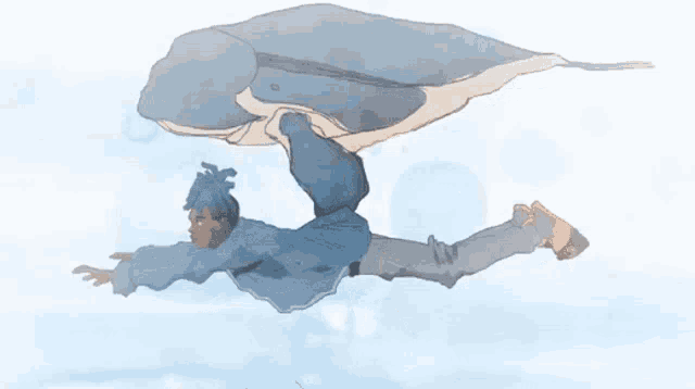 a drawing of a person flying in the air with a stingray wing