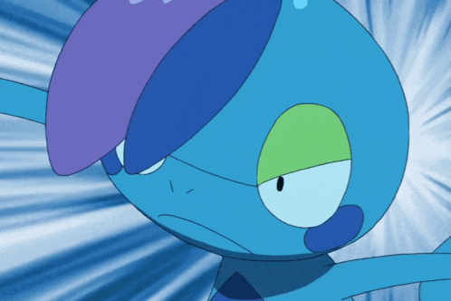 a blue cartoon character with a green eye and a purple head