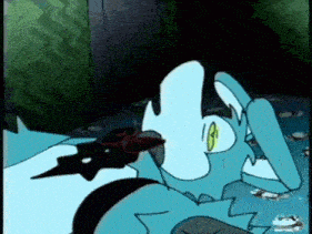 a cartoon character is laying in the water with a frog in his mouth .