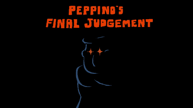 a poster for peppino 's final judgement with a cartoon character