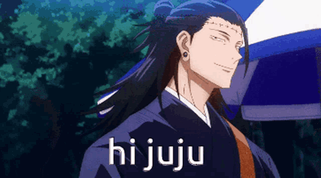 a man with long hair is standing in front of an umbrella with the word hi juju written on it .