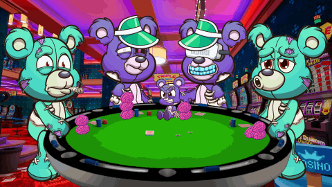 three teddy bears playing poker in a casino