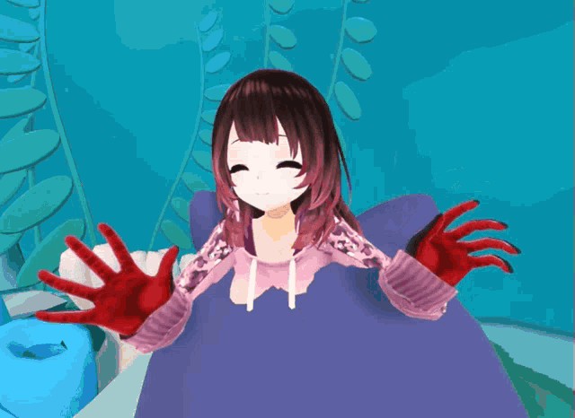 a cartoon girl with red gloves and a pink shirt