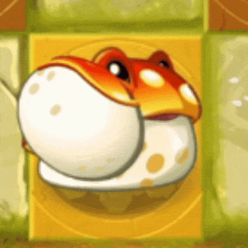 a frog is sitting on top of a mushroom in a cartoon .