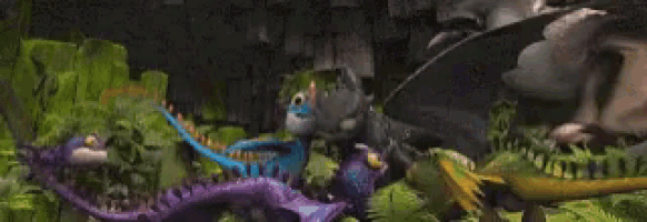 a group of cartoon characters are fighting each other in a forest .