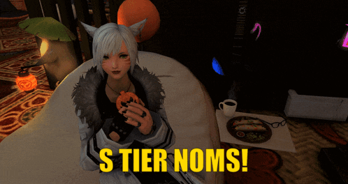 a video game character holding a pumpkin with the words s tier noms written below her