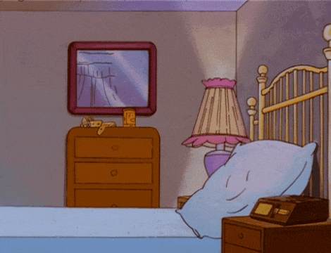a cartoon drawing of a bedroom with a pillow and a dresser