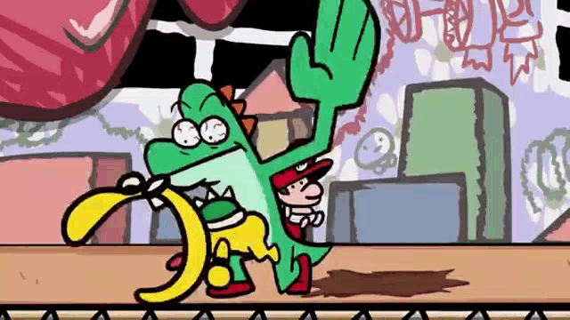 a cartoon of a crocodile holding a banana and a man in a red shirt .