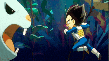 a cartoon character in a blue outfit is running from a monster