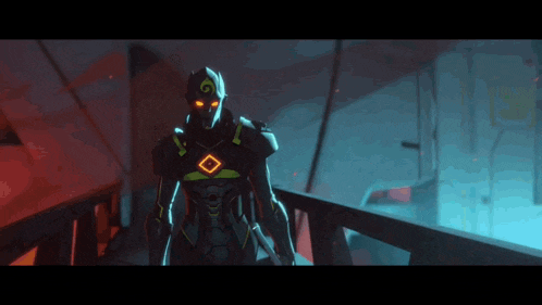 a man in a futuristic suit with a g on his chest