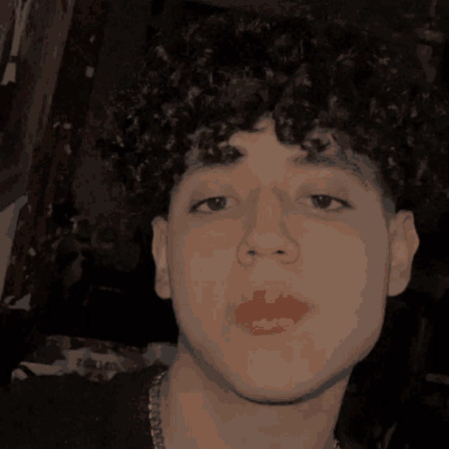 a young man with curly hair is taking a selfie