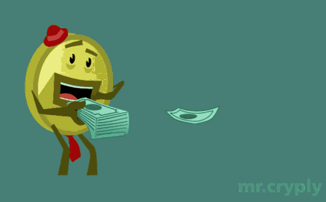 a cartoon of a coin holding a pile of money