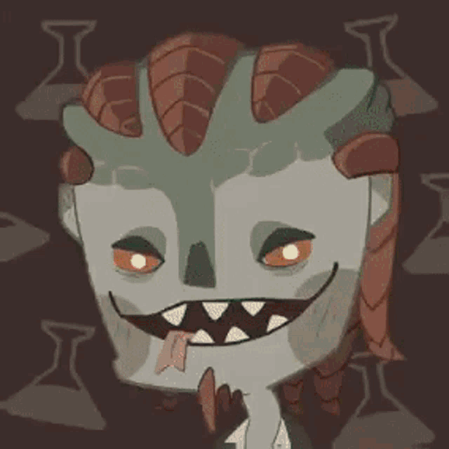 a cartoon drawing of a monster with horns and teeth sticking out its tongue .