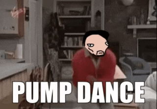 a cartoon man is dancing in a living room with the words pump dance above him
