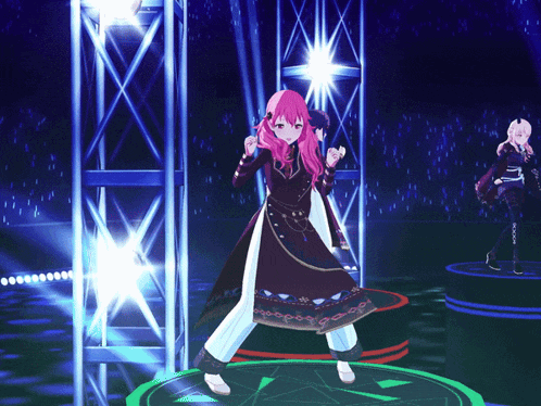 a girl with pink hair is dancing in front of a stage