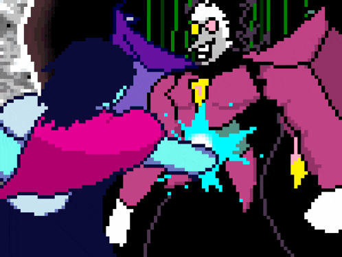 a pixel art drawing of a man in a pink and purple suit