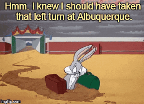 a cartoon of bugs bunny laying in the dirt with a caption that says hmm