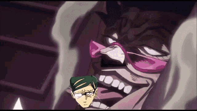 a man with glasses is standing next to a cartoon character with a pink tongue sticking out of his mouth .