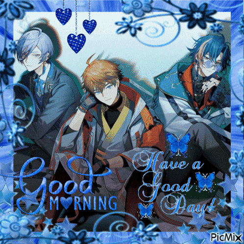 a picture of three anime characters with the words " have a good day " on the bottom