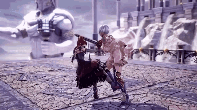 two women are fighting each other in a video game with a giant in the background .
