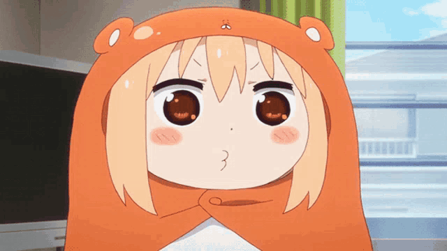 a close up of a cartoon character with a hood on
