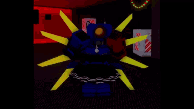 a blue robot with yellow wings is standing in a dark room with a red background .