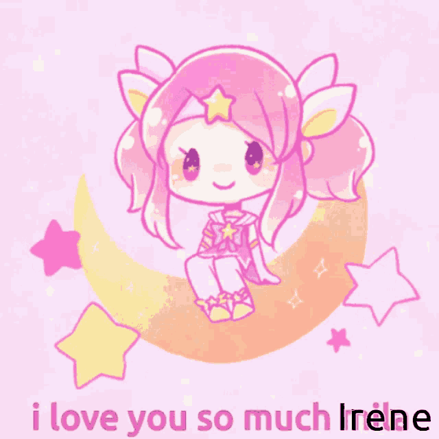 a drawing of a girl sitting on a crescent moon with the words i love you so much irene below it