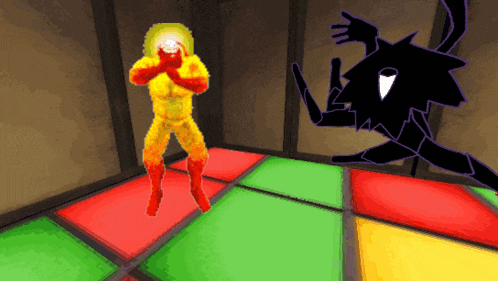 a cartoon of a man in a yellow suit standing next to a shadow of a house