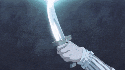 a person is holding a sword with a light coming out of it .