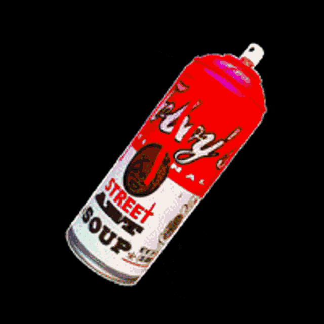 a can of street soup is sprayed with pink paint on a black background