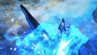 a blue background with a sword in the foreground