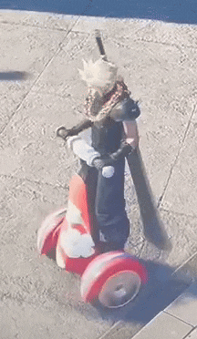 a person with a sword is riding a segway on a sidewalk