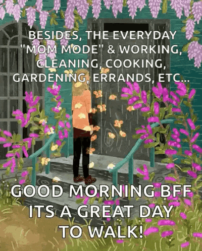a cartoon of a woman standing on a porch with purple flowers and the words " besides the everyday mom mode "