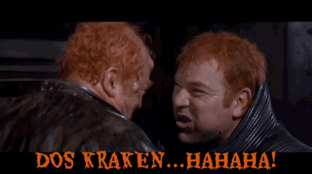 two men are laughing with the words dos kraken written on the bottom