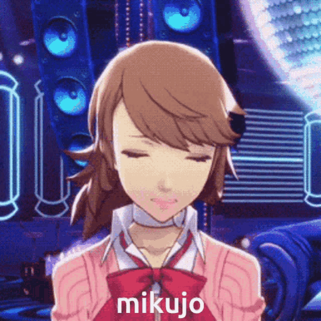a girl with her eyes closed is wearing a pink sweater and a red bow tie and says mikujo on the bottom