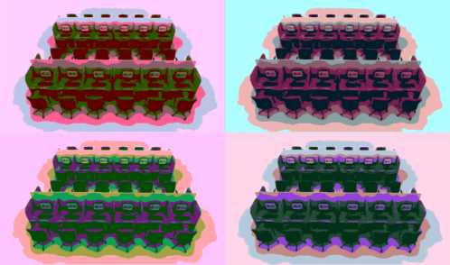 four different colored images of a stack of chairs with the letters eee on them