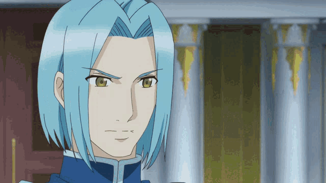 a man with blue hair and green eyes is looking at the camera