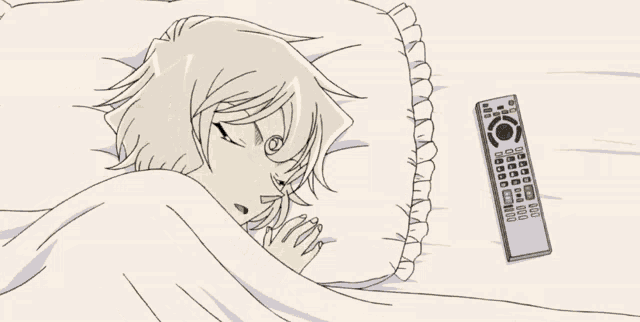 a cartoon drawing of a girl sleeping next to a remote control