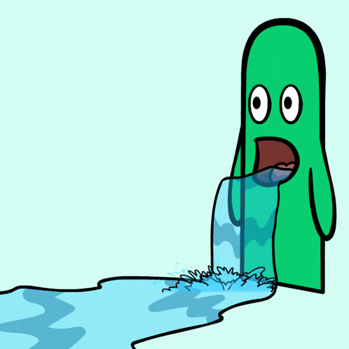 a cartoon drawing of a green monster with a waterfall coming out of his mouth